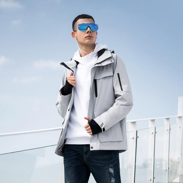 Xiaomi Men's Multi-pocke Jacket Spring Fashion Hooded Stand-up Collar Zip-through Jacket Streetwear Waterproof Coat Uleemark